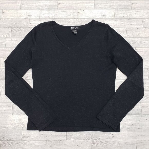 NY&CO Silk Blend Sweater Top Black Metallic Shimmer Quiet Luxury Capsule Women M - Picture 5 of 11